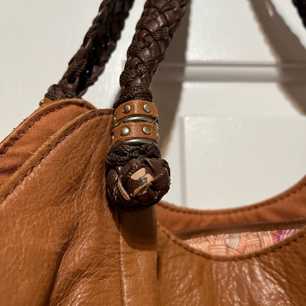The Sak Brown Leather Shoulder Bag with Pink & Cream Embroidered Trim - Picture 10 of 15